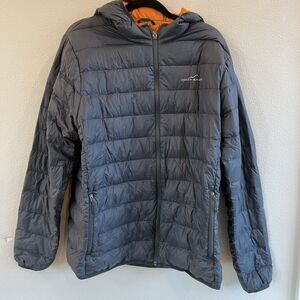 Eddie Bauer Men’s Down Puffer Jacket Mens Large Gray Orange FLAWED